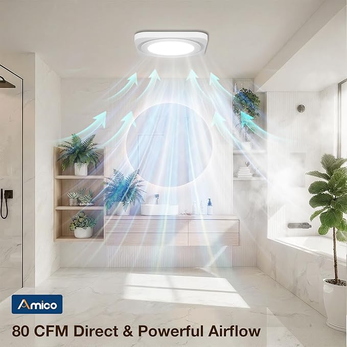 Amico Bathroom Exhaust Fan with Light, 80 CFM, 1.0 Sones, 1400LM, 3CCT | Ceiling Opening 7.6'' x 7.3'', Easy Install & Very Quiet, Ceiling Mount Shower Bathroom Fan with light, FCC Certified