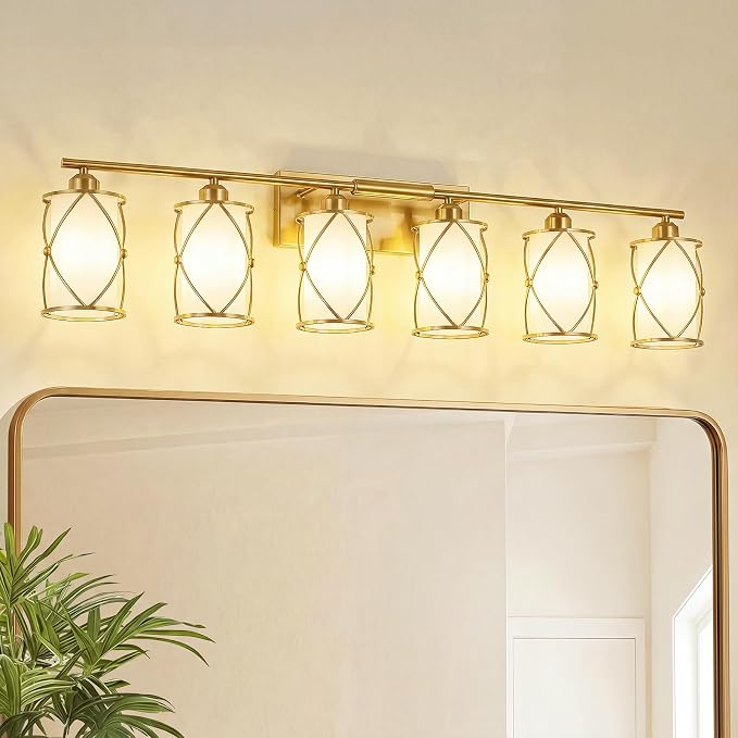 6-Light Brushed Gold Bathroom Light Fixtures Over Mirror, 42" UL-Listed Modern Wall Sconce Lights with Milk White Frosted Glass and Metal Cage for Bath, Hardwire E26, CH9176BGW-6W
