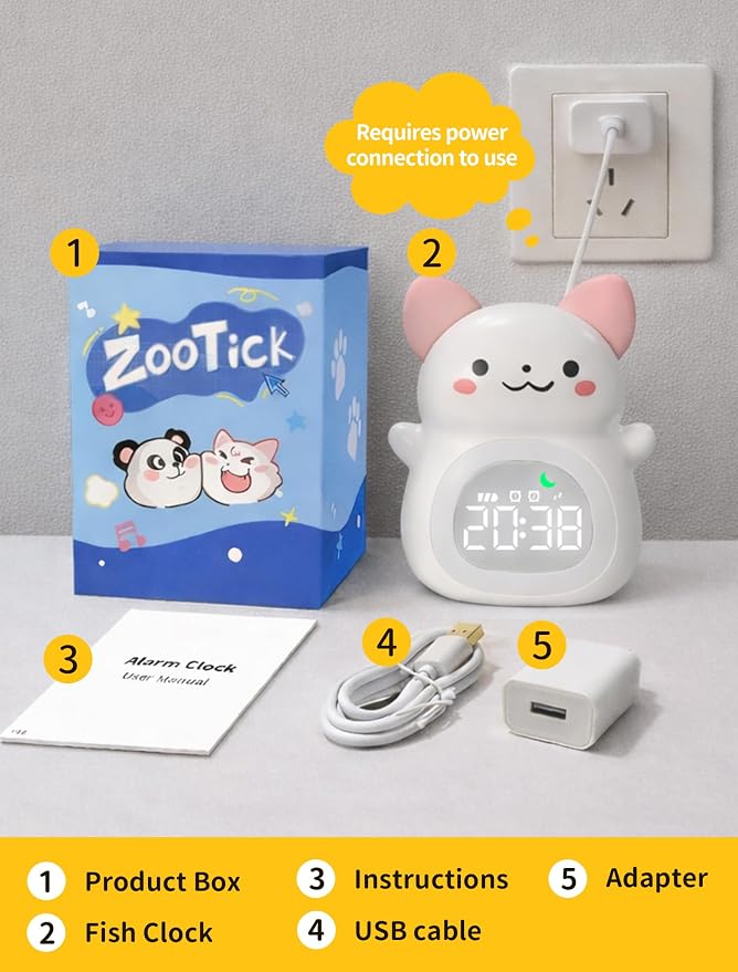 MASHI Cat Kids Alarm Clock with Time to Wake Sleep Trainer White Noise | Sun & moon wake cues, 7-color night light,Snooze， dual alarms and 6 soothing sounds help kids build healthy sleep habits