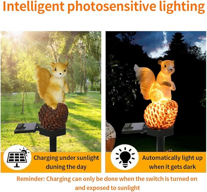 Solar Energy Pinecone Squirrel Light, Garden Decoration Resin Cute Animal Ground Lamp,Wireless Dusk to Dawn LED Sconce Lights Waterproof.