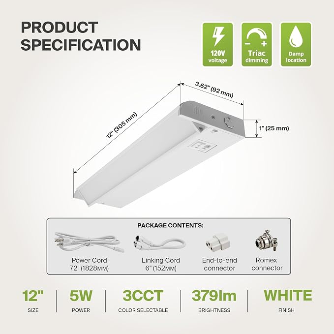 ASD Swivel LED Under Cabinet Lighting Plug in or Hardwired 12 Inch, Dimmable Under Cabinet Lights with High/Low/Off Switch, 3CCT 2700K-4000K, Linkable Under Counter Lights for Kitchen, White, ETL