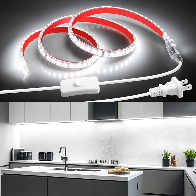 36in LED Strip Lights AC 120V Waterproof Under Cabinet Light Strips Plug in with Switch Self-Adhsive Cold White 6000K 120LED/M Flexible Under Shelf Lights for Kitchen Counter LED Light Bar