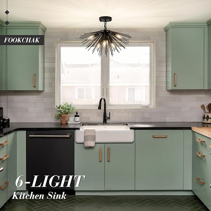 Black Sputnik Ceiling Light Fixture 6-Light Starburst Chandelier Ceiling Light Mid-Century Modern Satellite Chandelier Solid Metal Urchin Chandeliers for Entry Dining Room Kitchen Sink
