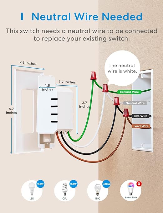 meross Smart Dimmer Switch Single Pole Supports Apple HomeKit, Alexa Google Assistant & SmartThings, 2.4GHz WiFi Light Switch for Dimmable LED, Neutral Wire Required, Remote Control Schedule, 1 Pack
