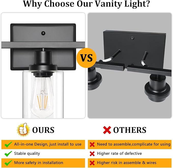 Ascher Bathroom Light Fixtures, 3 Light Vanity Light with LED Bulbs Included, Black Wall Sconces with Clear Glass Shades for Mirror, Kitchen, Living Room, Hallway, Cabinet