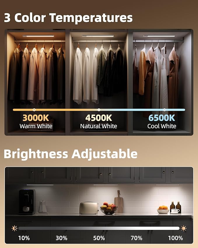 EZVALO 16.5inch Under Cabinet Lighting, 4000mAh Rechargeable Motion Sensor Light Indoor, with Dimmable & 3 Color Temps, Magnetic Closet Lights, Wireless Under Counter Lights for Kitchen (4-Pack)