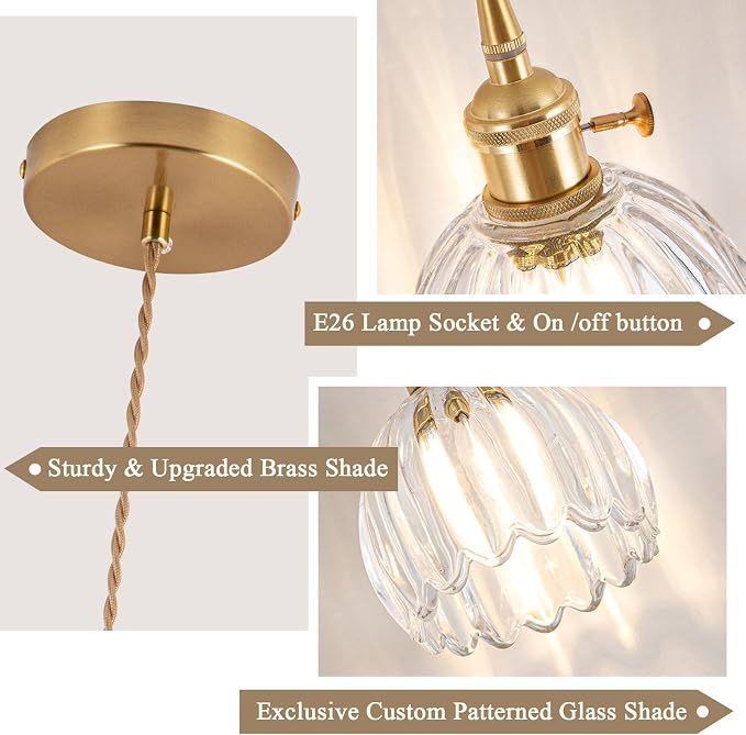 Pendant Light Fixtures,Mini Hanging Lights 5.1Inch E26 Transparent Glass Vintage Pendant Light for Bedroom Living Room Hallway