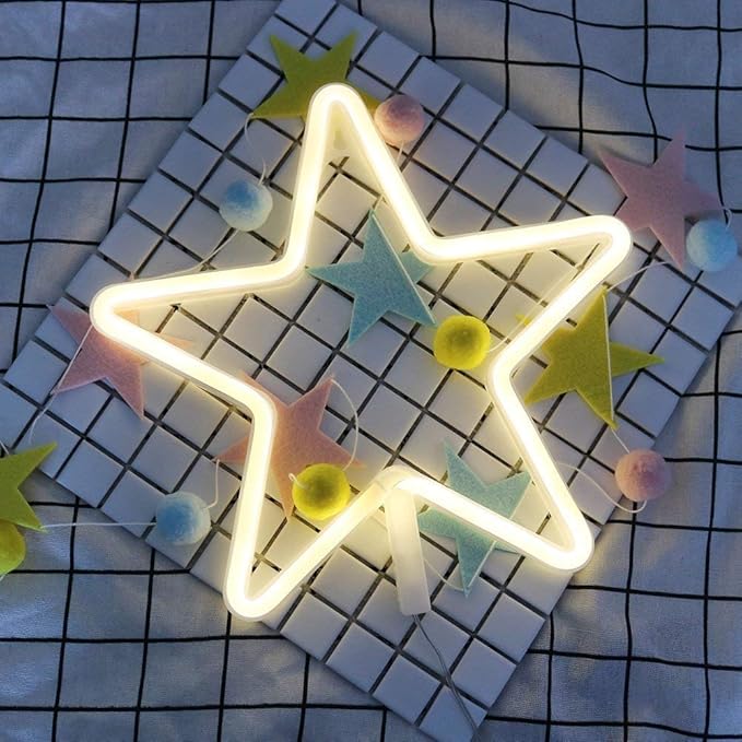 ENUOLI LED Neon Sign Star Neon Lights Warm White Neon Wall Light Star Night Light LED Lights Wall Decoration Art for Girls Bedroom Living Room Christmas Party as Kids Gift