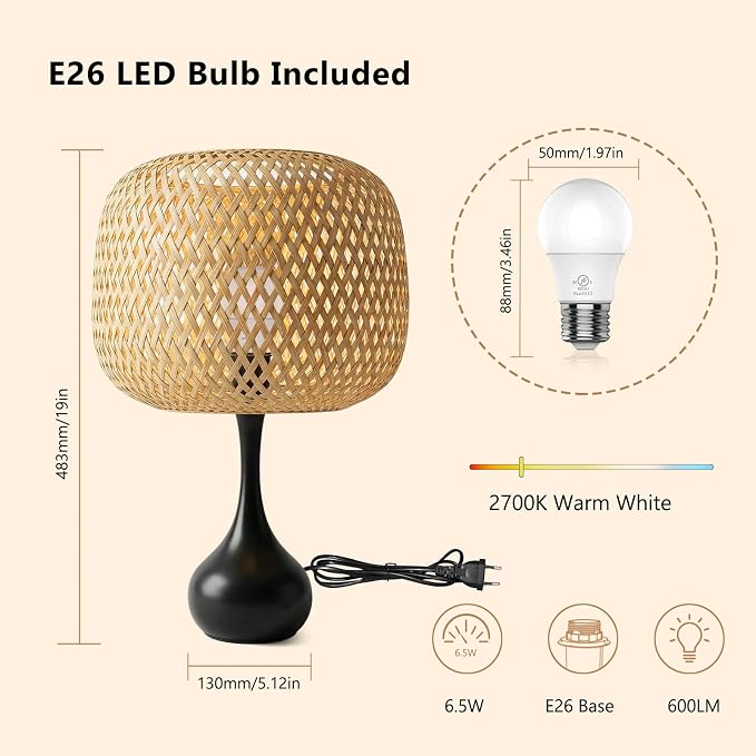 ONEWISH Touch Bedside Lamp for Bedroom, 3-Way Dimmable Table Lamps for Nightstand, Handwoven Bamboo Shade Desk Lamp for Living Room, Home Office