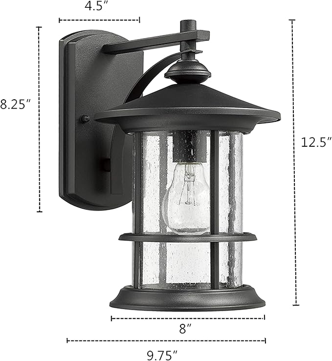 MICSIU 12.5 Inches Vintage Textured Black Outdoor Wall Sconce 2 Pack | Large Exterior Light Fixtures with Clear Seedy Glass, Waterproof Outsize Wall Mount Lantern for House, Porch, Garage
