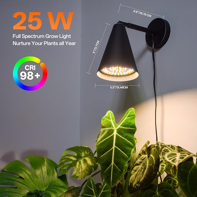 Wall-Mounted Grow Light 25W Full Spectrum Plant Light | 3300K Full Spectrum Plant Light, 350°Adjustable Head, Timer & Black Metal Shade, for Flowers, garden Growing