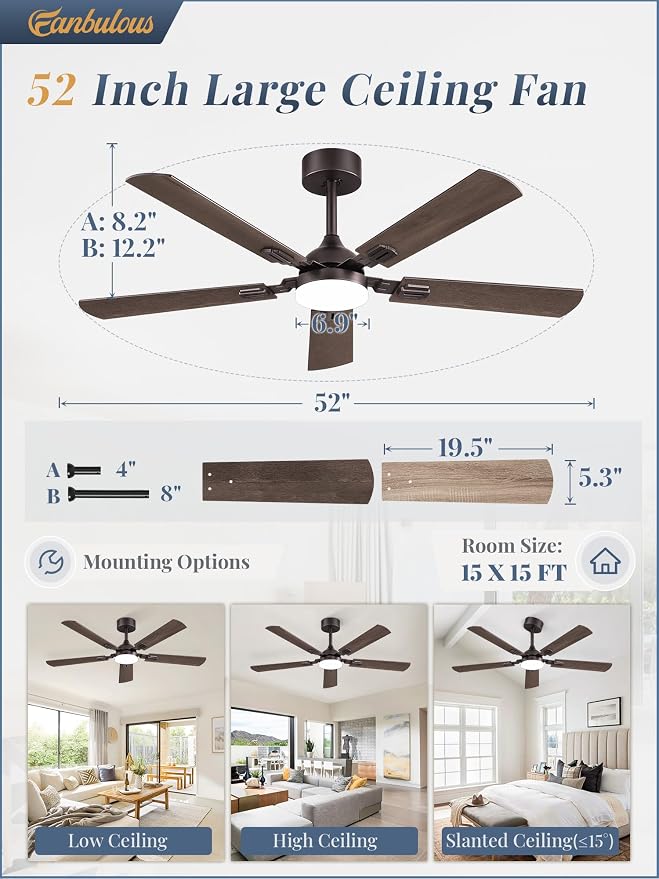 Fanbulous 52 Inch Modern Ceiling Fans with Lights | 6 Speeds,3CCT,Timer,Remote Control,Quiet Reversible DC motor,5 Double-sided Blades,Outdoor,Easy Installation,Oil Bronze