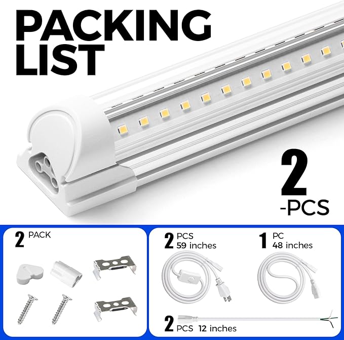 Barrina T8 LED Shop Light 4FT, 40W 5500LM 6500K, Clear Cover, Garage Lights Ceiling, V-Shape LED Light Fixture, Work Shop Lights for Garage, Warehouse, Basement, ETL Listed, 2 Packs