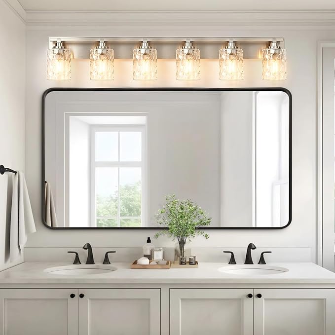 Modern Bathroom Lighting Fixtures Over Mirror, Vanity Lights for Bathroom, Wall Sconces with Clear Glass Shades, E26 Ceramic Socket, 6-Light 43-inch Brushed Nickel
