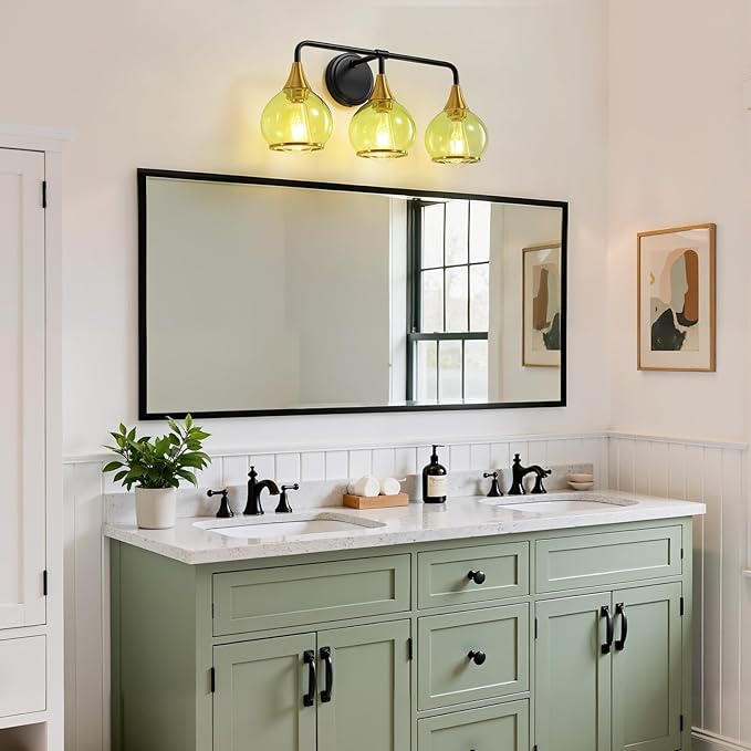 Black and Gold Bathroom Vanity Light 3-Lights Bathroom Light Fixtures Over Mirror with Green Clear Glass Shade 22.4 inch Wall Sconce Lighting Bath(Exclude E26 Bulb)