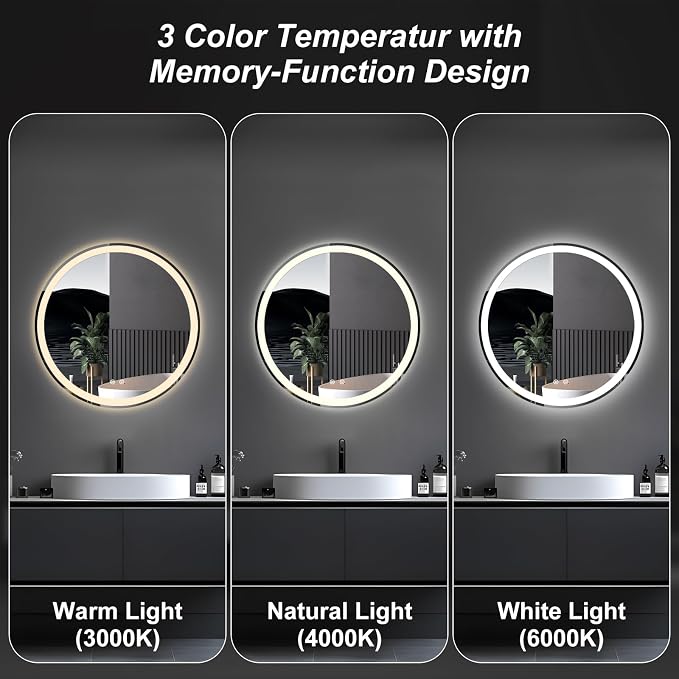 Sweetcrispy 30 Inch Round LED Mirror for Bathroom with Lights, Circle Vanity Mirror with Anti-Fog, Dimmable, 3-Color Light, Memory Function, Tempered Glass