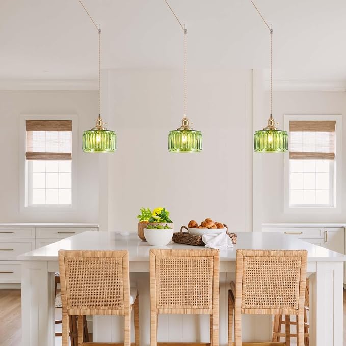 Pendant Light Fixtures,Plug in Hanging Light Fixture Green Glass 6.6in Pendant Light,E26 Pendant Lighting for Kitchen Island, Bedroom, Dining Room, Living Room
