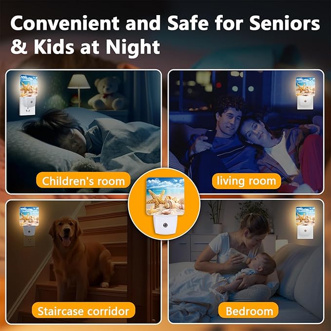 Ocean Beach Summer Night Light, Plug-into Starfish Seashell Sea Nightlight White LED Lamp, Energy Efficient Decor Desk Lamp for Bedroom Hallway Stairs Bathroom