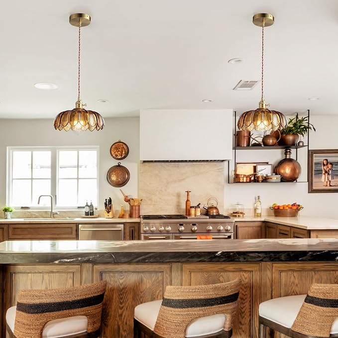 XZHGCEE Pendant Lights Kitchen Island: Amber Glass Hanging Light Fixture with Rotating Switch, E26 Base - Modern Lighting for Dining Room, Bedroom & Living Room