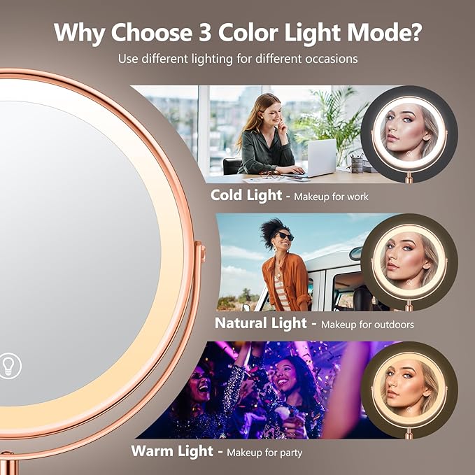 10X Large Lighted Makeup Mirror, Rechargeable 8" Height Adjustable Vanity Mirror, 1x/10x Magnifying Mirror with 3 Color, Brightness Adjustable, 360° Rotation Double Sided Mirror, Ideal Gift(Rose Gold)