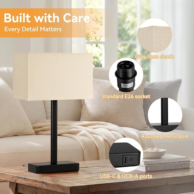 Hong-in Touch Lamps for Bedroom - 3-Way Dimmable Bedside Lamps Set of 2 with USB C+A, Beige Modern Table Lamp for Night Stands, Desk Lamp for Living Room Nightstand End Tables Bed Side