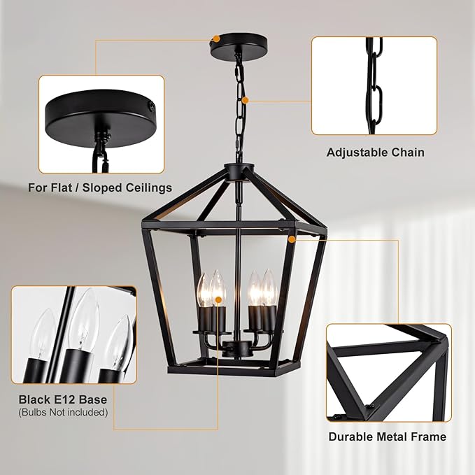 4-Light Black Pendant Lights Kitchen Island, 12 Inch Farmhouse Pendant Light, Adjustable Height Iron Lantern Black Pendant Light Fixtures, Cage Farmhouse Chandelier Island Lights for Kitchen Foyer
