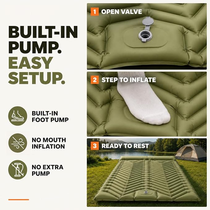MalloMe Sleeping Pad for Camping, Camping Mattress - Bed for Outdoors Self-Inflating Air Mattress for Backpacking Leak-Resistant Inflatable Travel Mat w/Foot Pump Compact Ultralight Single & Double