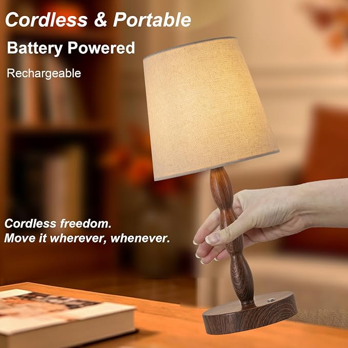 Rechargeable Cordless Table Lamp, 5000mAh Battery Powered Touch Desk Lamp, 3-Level & Stepless Dimmable Night Light, Portable Bedside Lamp for Bedroom, Outdoor, Bulb Included, Walnut Grain