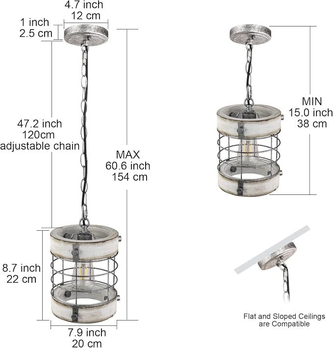 Retro Industrial Metal and Wood Chandelier 1-Light Round Cage Pendant Light Fixture for Kitchen Island Foyer Hallway Bar Dining Room Restaurant, D 7.9" x H 8.7" (White)