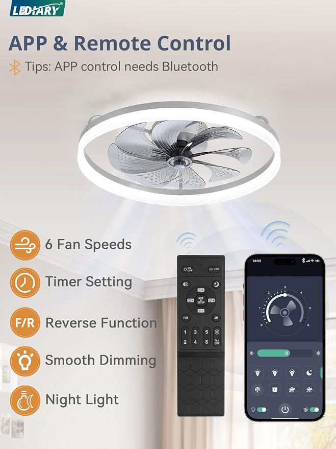 LEDIARY 23" Low Profile Ceiling Fans with Lights, APP & Remote, Grey | Flush Mount, Dimmable LED, Quiet DC Motor, Reversible, 6 Speeds, Fandelier, for Bedroom
