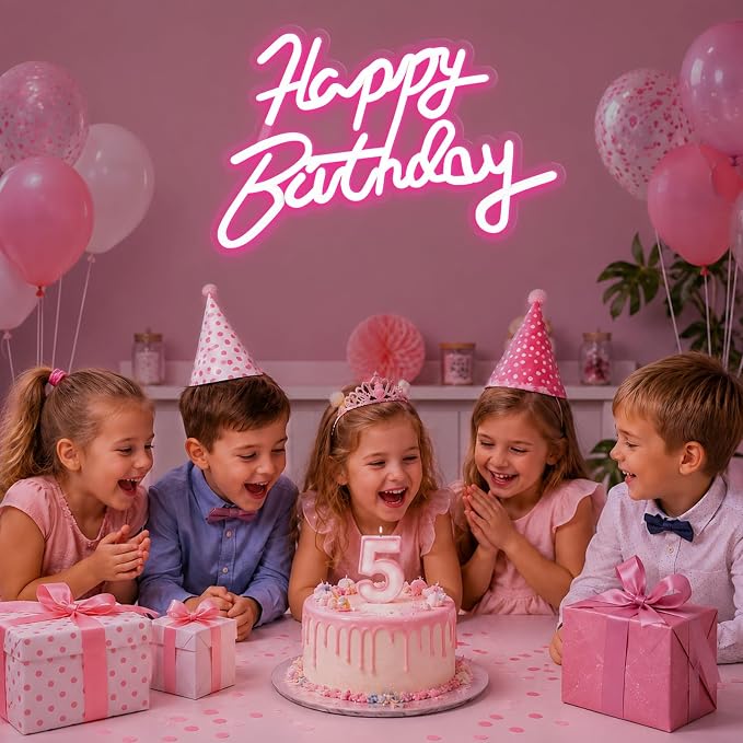 FARNY Happy Birthday Neon Sign for Wall Decor, LED Happy Birthday Light Up Sign Pink, Dimmable LED Birthday Neon Light for Birthday Party Decorations Backdrop,16.5"x 12"