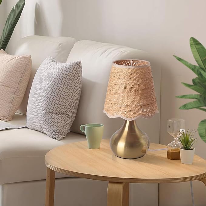Ziqqeelam Gold Small Bedside Table Lamp Touche Control 3-Way Dimmable Brass Mini Table Lamps for Nightstand, Rattan Shade Small Table Lamps for Small Spaces for Kitchen Counter, Bookshelf, Bedroom