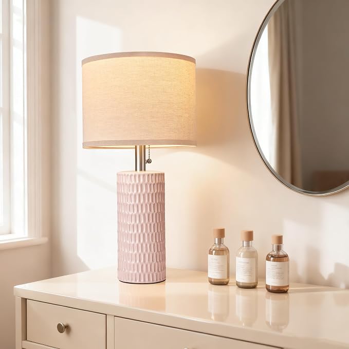 Reaketon 20.5" Modern Ceramic Table Lamps for Bedroom Set of 2, Bedside Lamps for Night Stands with Beige Lampshade, Farmhouse Table Lamp for Living Room Office Dorm, Pink