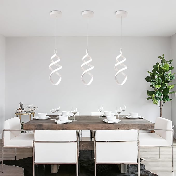 Modern Led Pendant Light Fixture, 15W White Spiral Led Chandelier Hanging Lamp, 4500K Daylight White Pendant Lamp, Adjustable Height Pendant Light for Kitchen Dining Room Bedroom Kitchen Island Cafe
