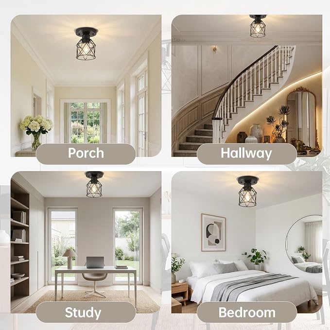 2-Pack Farmhouse Semi Flush Mount Ceiling Light Fixture, E26 Rustic Black Metal Cage Ceiling Lamp for Hallway Porch Kitchen Stairway Bedroom Entryway