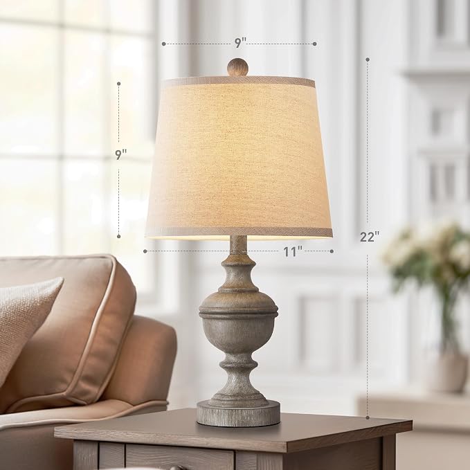 Retro Table Lamps Set of 2, Bedside Lamp for Bedroom Rustic Farmhouse Table Lamps for Living Room, Vintage Nightstand Lamps with White Shades, Grey