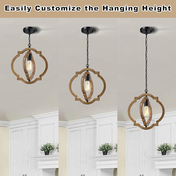 2-Pack Farmhouse Pendant Light Fixtures, Wood Grain Hanging Lights for Kitchen Island, Adjustable Height, E26 Base, Sloped Ceiling Compatible, Rustic Ceiling Light