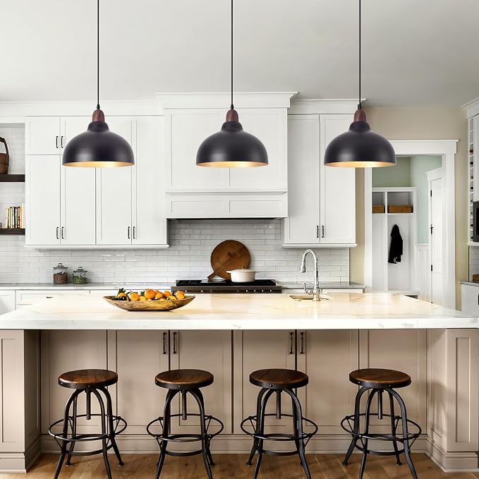 Black Pendant Light, 11.8" Farmhouse Black and Wood Hanging Pendant Lights Kitchen Island, Vintage Pendant Light Fixture Large Dome Chandelier for Kitchen Island, Dining Room