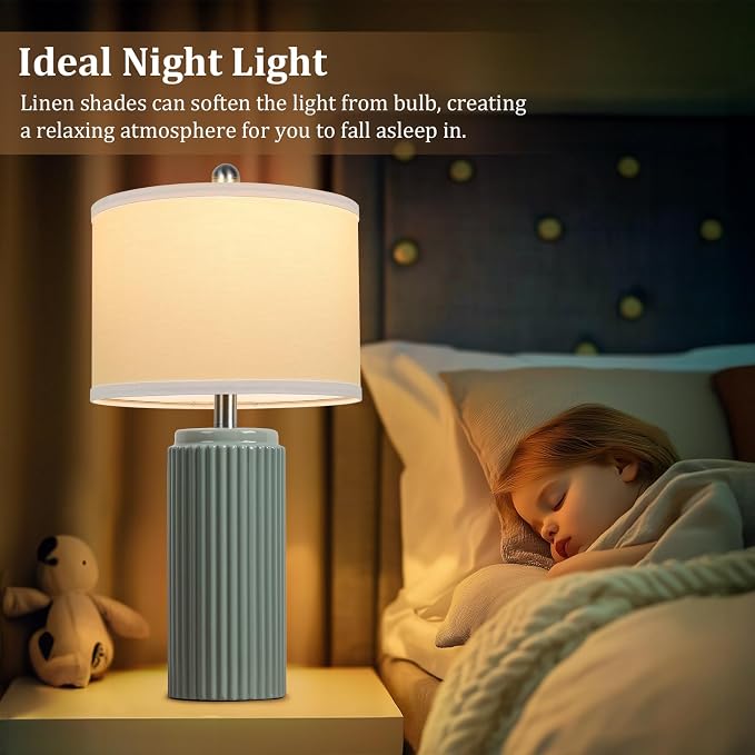 23.5" Green Ceramic Table Lamps Set of 2, Modern Nightstand Lamps | Bedside Table Lamps with White Linen Shade, Ideal Size, Farmhouse Home Decor for Living Room Bedroom Office End Table Dorm
