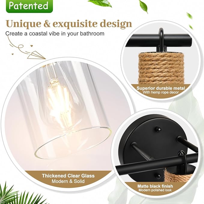 MOKATNG Bathroom Light Fixtures, 4-Light Farmhouse Vanity Lights with Hemp Rope, Black Bathroom Wall Lamp for Mirror Kitchen Hallway Cabinet