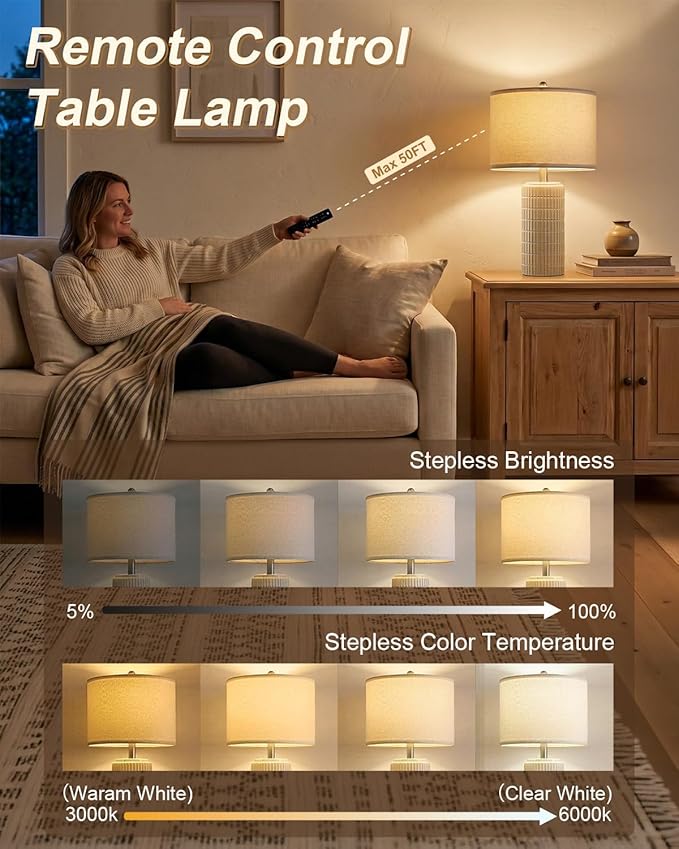 PoKat 23’’ Dimmable Table Lamps Set of 2 with Remote for Living Room, White | Modern Bedside Lamps for Bedroom, Stepless Adjustable, Farmhouse Ceramic Lamp for Nightstands, Blubs Included, No Battery