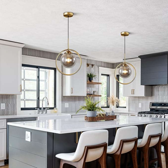 BOKT Mid Century Modern Large Globe Pendant Light Fixture Smoke Grey Glass Pendant Lighting Vintage Gold Circle Round Pendant Hanging Lights Minimalist Single Bathroom Lighting