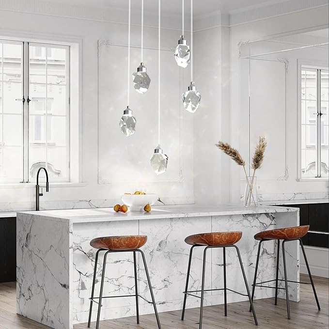 Modern Crystal Pendant Light, 3-Color LED Silver Ceiling Hanging Lamp, for Kitchen Island Bedroom Living Room Dining Room Lighting (5-Head Round Base)