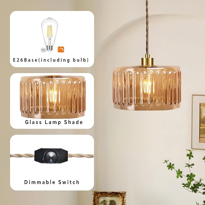Plug in Pendant Light Hanging Lights with in Cord Mid Century Modern Gold Hanging Lamp Flower Glass Amber Vintage Dimmable Chandelier Ceiling Fixture for Living Room,Kitchen,Boho