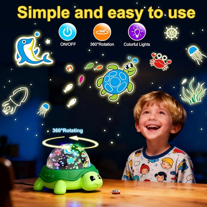 Turtle Kids Night Light,Toys for Boys 3-8 Years Old Starry Sky Projector Light,360 Rotation,4 LED Bulbs,16 Light Colors Variable,USB Cable Powered,Ceiling Light for Kids Bedroom