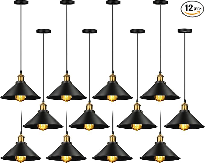 12 Pcs Industrial Pendant Light Vintage Metal E26 Base Hanging Light Rustic Dome Pendant Lamp Fixture Farmhouse Kitchen Hanging Ceiling Lamp for Dining Room Bedroom Hallway Bar (Black)