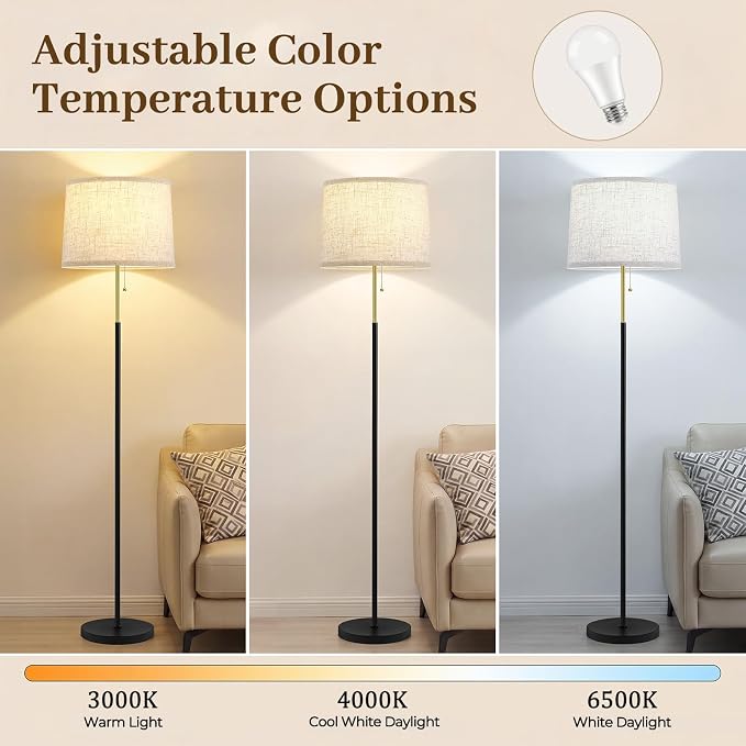 Floor Lamps for Living Room & Bedroom, 60" Modern Tall Standing Lamp, 3CCT | Lamps for Office, Classroom, Bedside, Linen Lampshade, Pull Chain Switch, Modern Design, Anti-glare Lighting, Easy Assembly