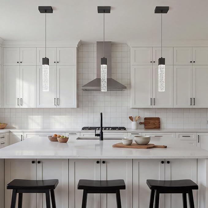 Pendant Lights Kitchen Island, 6500K Modern Kitchen Island Lights Brushed Black, 1 Pack Ceiling Lighting Fixtures with Crystal Bubble, Island Lights for Kitchen Dining Room Bedroom Hallway
