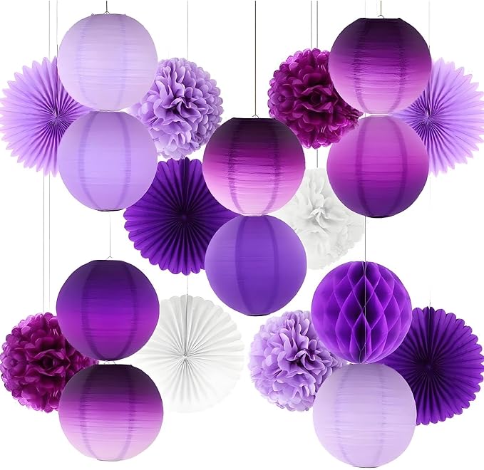 Purple Paper Lanterns Decorative,Hanging Chinese Lanterns Indoor Outdoor for Birthday, Wedding, Christmas, Bridal, Home Decor, Ceiling Decorations(Size of 4”, 6”, 8”, 10”,12Pcs)