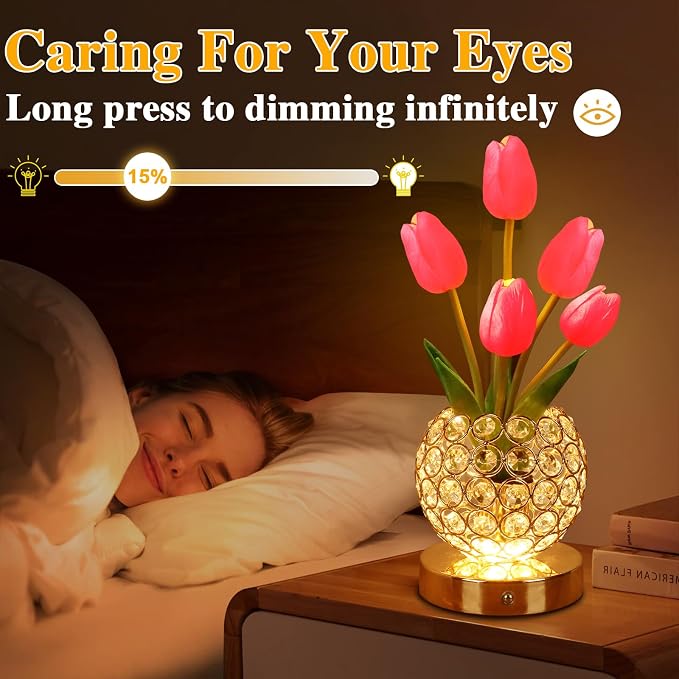 Birthday Gifts for Women Mothers Day Gifts/for Mom Tulip Table Lamp | 3 Color Crystal Flower Bedside Lamps Infinitely Dimming with USB Charge Small Night Light,Night stand Touch Lamp(red-tulip)